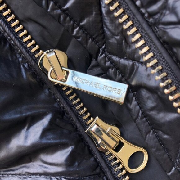 MICHAEL KORS Black Quilted Puffer Hoodie Vest Long Tunic Length high neck Gold S - Picture 10 of 16